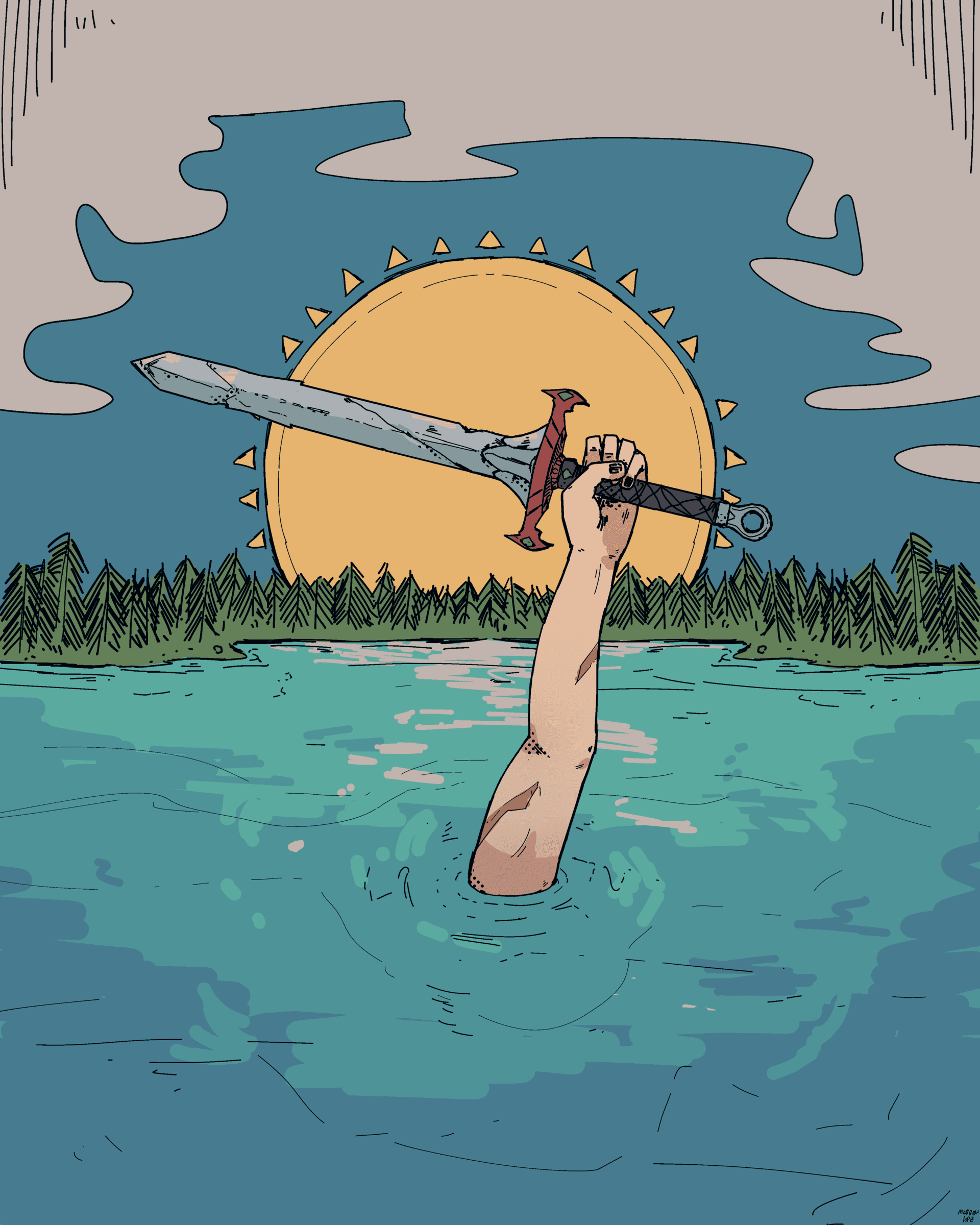 Arm sticking out of lake holding sword